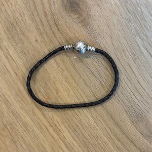 Pandora Black Braided Leather Bracelet with Silver Logo Clasp